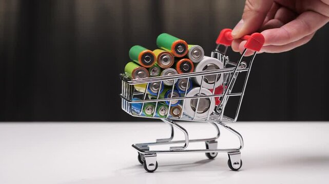 Hand pushing shopping cart full of batteries on white background