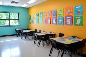 A classroom with posters promoting reading and literacy, encouraging students to engage with books and improve their literacy skills