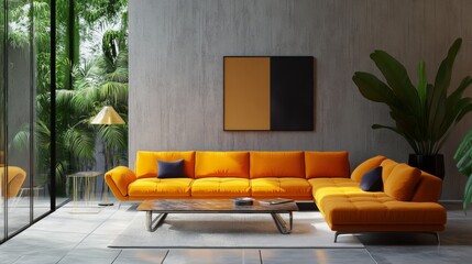 Modern Living Room Interior with Orange Sectional Sofa and Concrete Wall