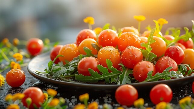 Marang fruit salad arugula almond cherry tomato served vibrant rooftop garden bright flowers city skyline softly blurred behind promoting nutritious fresh meal Scientific name Artocarpus odoratissimus