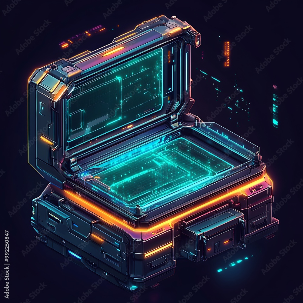 Poster futuristic tech box with glowing circuits, open 3d render