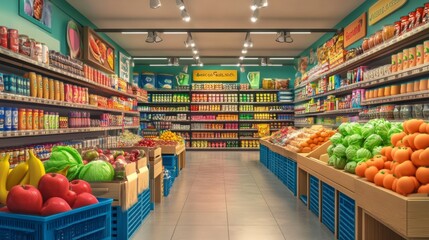 A Grocery Store Aisle with Fresh Produce and Shelves Stocked with Canned Goods