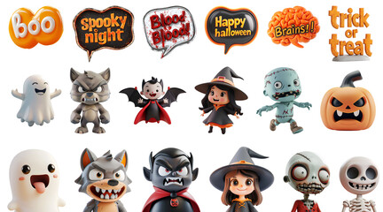 Set of 3D Illustrations: Ghost, Witch, Werewolf, Zombie, and Vampire with Cartoon Halloween Characters and Speech Bubbles, Isolated on Transparent Background, PNG