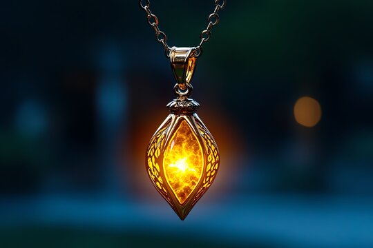 A close-up of a spiritual talisman hanging from a necklace, glowing with energy, representing protection and guidance