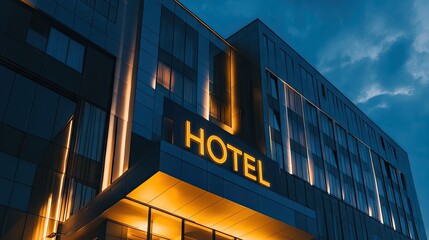 Obraz premium A modern luxury hotel exterior with an illuminated 