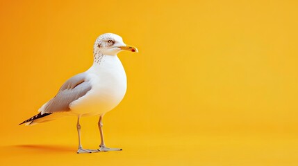 Obraz premium A natural white seagull standing on one leg, isolated against a bright yellow background. The single color emphasizes the bird's elegant posture and pure feathers.