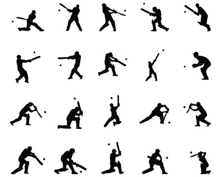 men's cricket player batting silhouette set