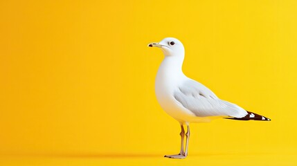 Obraz premium A natural white seagull standing on one leg, isolated against a bright yellow background. The single color emphasizes the bird's elegant posture and pure feathers.