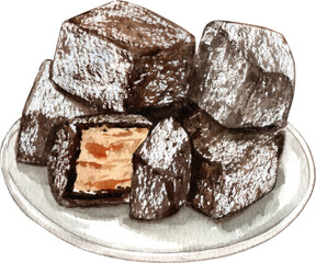 Lamington is a sponge cake coated in chocolate and rolled in coconut, hand-drawn watercolor illustration