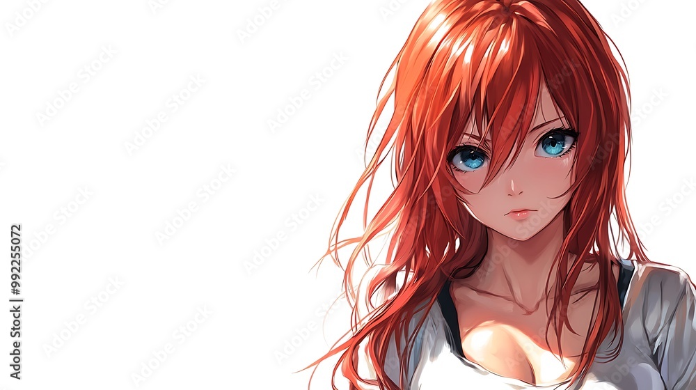 Poster Anime girl portrait with red hair and blue eyes