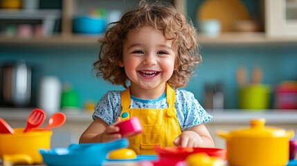 A Smiling Toddler Plays With Toy Pots and Pans in a Kitchen