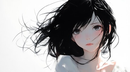 Naklejka premium Anime girl with long black hair blowing in the wind