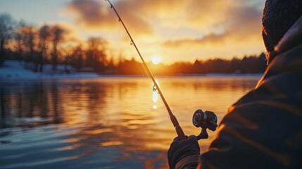 Close-up of a Fisherman's Hand Holding a Rod with a Sunset in the Background
