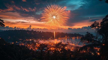 Stunning Fireworks Display Over Idyllic Lake at Sunset