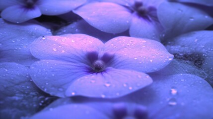 Close-up of delicate, purple flower petals with water droplets, creating a soft, ethereal beauty.