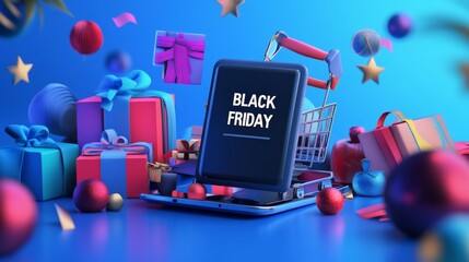 Smartphone Displaying Black Friday Sale With Shopping Cart and Gifts