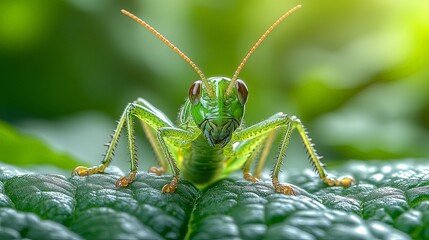 Fototapeta premium Close-Up of a Vibrant Green Grasshopper on Leaf