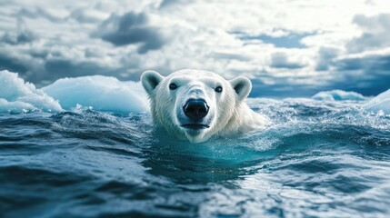 Naklejka premium A polar bear swimming in the cold Arctic sea, searching for ice in a rapidly warming world, showcasing the dire effects of global warming.