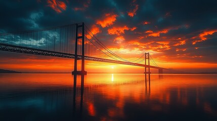 Fototapeta premium Sunrise Over Tranquil River with Majestic Bridge