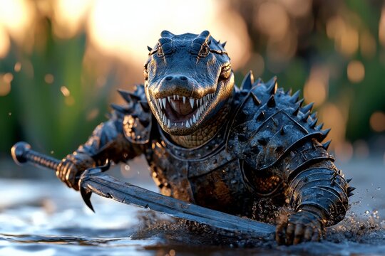 A crocodile warrior in thick, spiked armor, emerging from the swamp with a jagged sword, ready to attack in the thick of battle