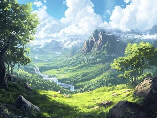 Obraz premium Fantasy Landscape, Majestic Mountains and Lush Valley with Waterfall
