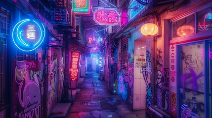 Obraz premium Neon-Lit Alleyway in a Vibrant Asian City