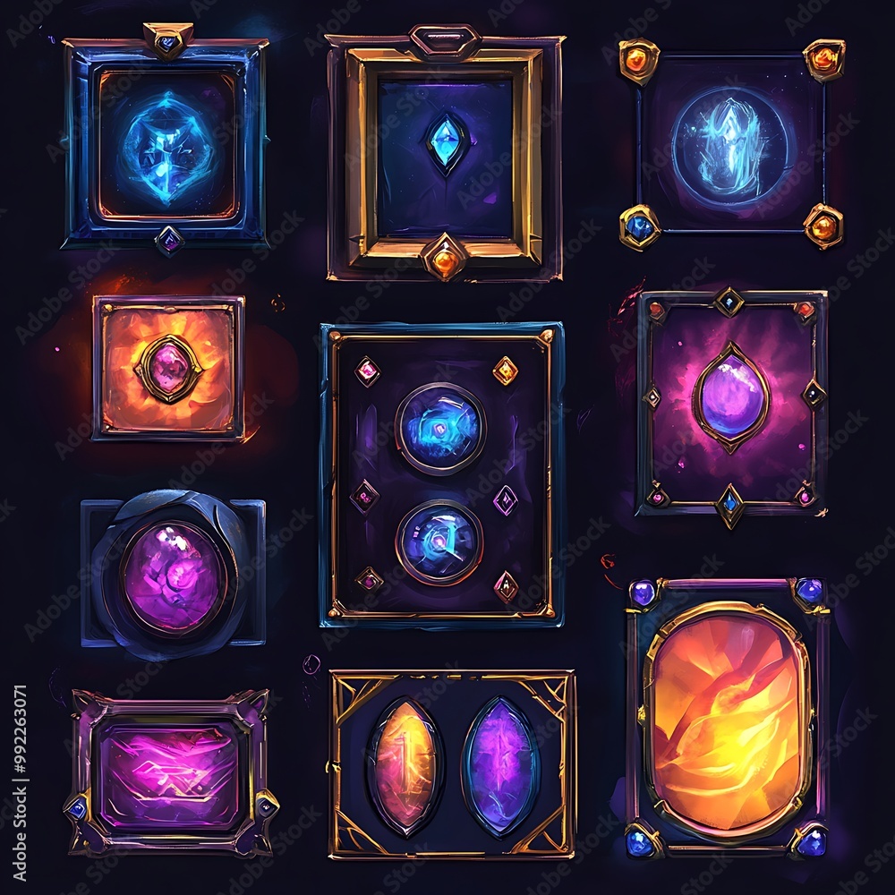 Poster game ui set, gemstone icons and frames with fantasy elements
