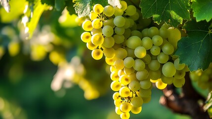 Fototapeta premium A close-up of clusters of green grapes hanging from a vine.