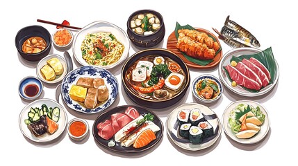 Japanese Food Variety, Sushi, Sashimi, Noodles, Soup, Dishes Illustration