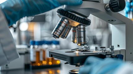 Close-up of a Microscope Lens with a Scientist's Gloved Hand in the Foreground