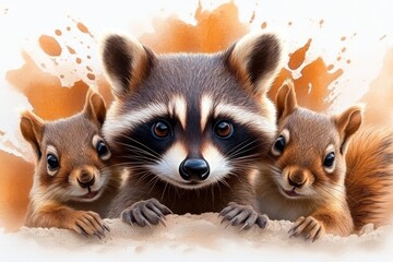 Obraz premium A cute raccoon and two squirrels with big, expressive eyes, nestled together with warm orange and brown watercolor splashes behind them