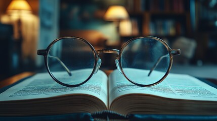 Vintage Glasses on Open Book in Cozy Library Setting