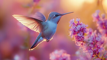 Fototapeta premium Hummingbird Feeding on Vibrant Pink Flowers