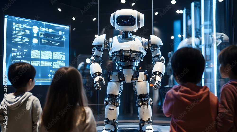 Poster children observing a humanoid robot in a display case