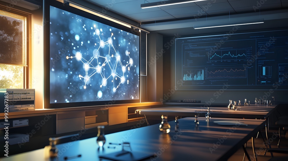 Poster modern laboratory with a projected network and data visualization