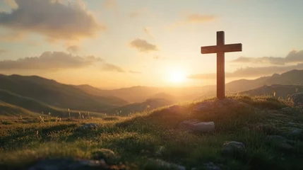 A wooden cross standing tall on a hilltop during sunrise, symbolizing hope and renewal in a serene landscape.