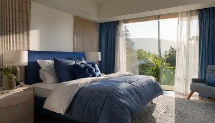 A modern bedroom with clean lines, a bed with a tufted headboard, navy blue throw pillows, a