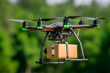 A drone delivering a package with GPS tracking, representing communication between devices in logistics