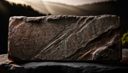 An old stone plaque with deep engravings, slightly chipped at the corners, resting on a blur