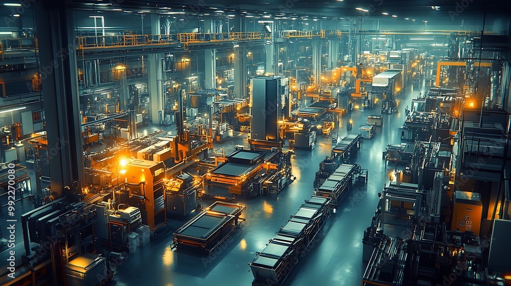 Poster futuristic factory with automated production lines and robots working. concept of industry 4.0, auto