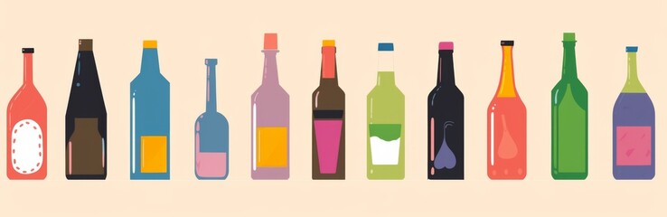 Various Types of Wine Bottles in Glass and Plastic, with an Abstract Background Using Shades of Green, Purple, Blue, Orange, Red, Yellow, White, Beige, and Black.