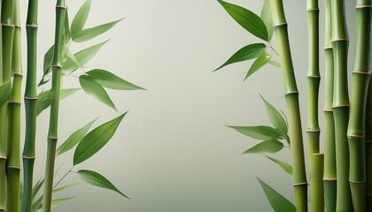  Tall, vibrant green bamboo stalks arranged vertically, with soft, curved leaves gently swayi