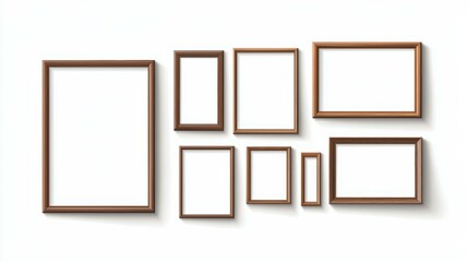 A collection of wooden framed pictures with white backgrounds