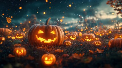 Obraz premium Enchanted pumpkin patch with jack-o'-lanterns coming to life under a starry sky. 3D illustration