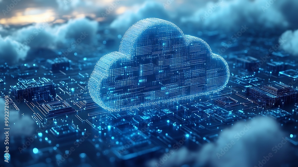 Poster cloud computing concept, cloud symbol on digital circuit board