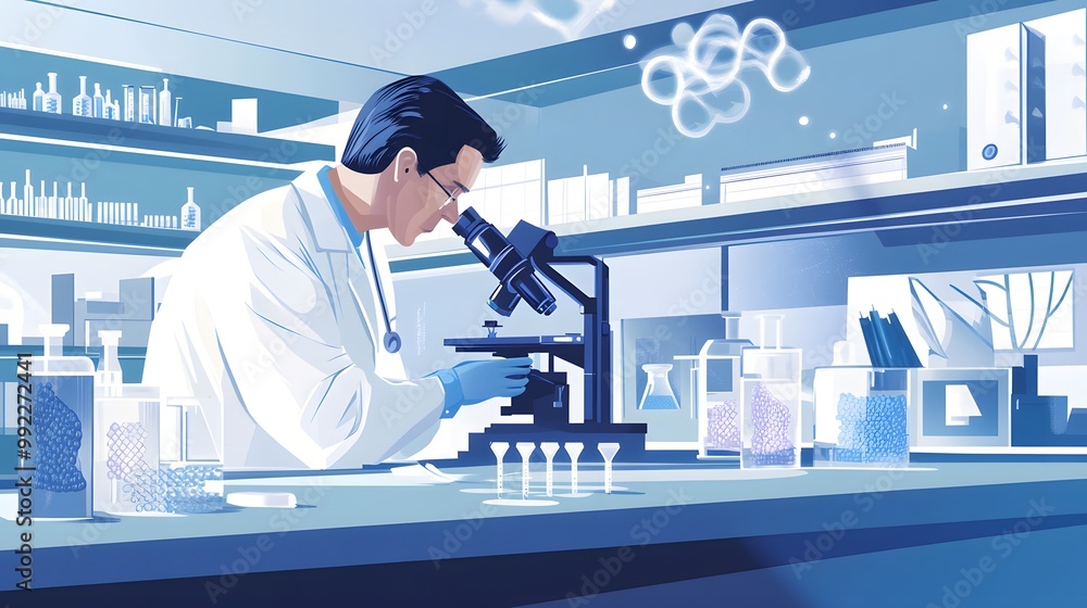 Poster scientist examining samples under a microscope in a laboratory