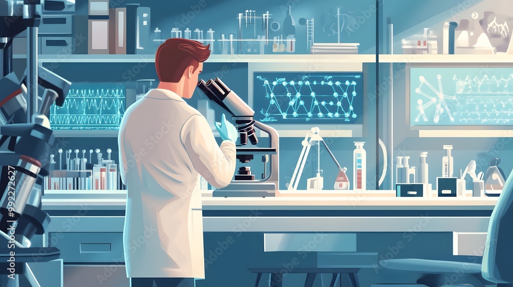 Poster scientist using a microscope in a laboratory setting