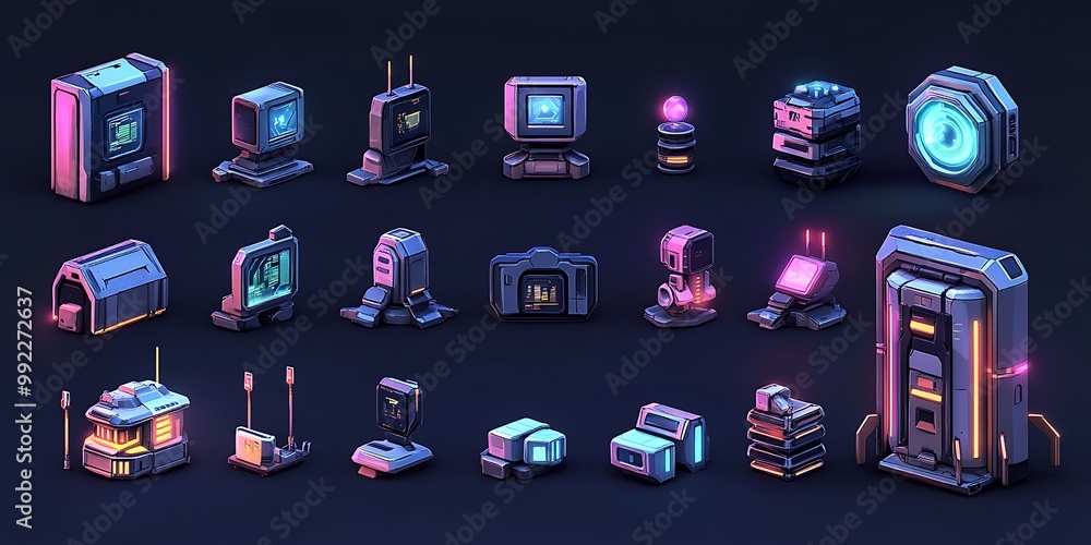Poster futuristic sci fi game ui elements, cyberpunk computer, technology, interface set
