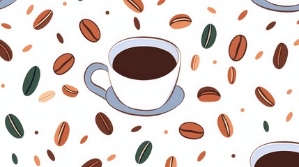 Obraz premium Minimalist Coffee Bean Mug Cup Seamless Pattern on a White Background