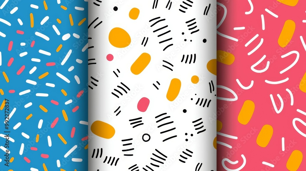 Poster three different colored sheets of paper with a pattern of dots and lines